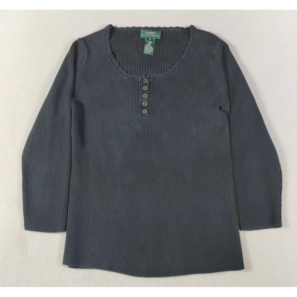 Lauren Ralph Lauren Sweater Womens Medium Black Henley 3/4 Sleeve Ribbed Knit